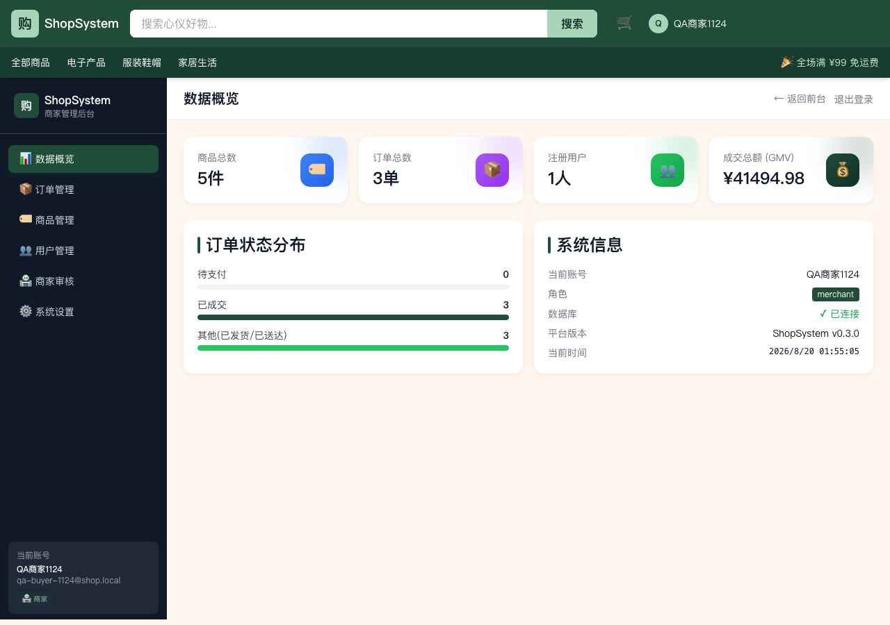 ShopSystem 商家后台 dashboard 正常(角色显示 merchant)
